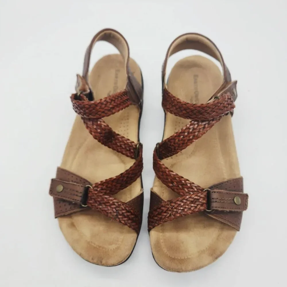 Earth Origins Stella Brown Braided Leather Slingback Sandals Womens 7 Adjustable